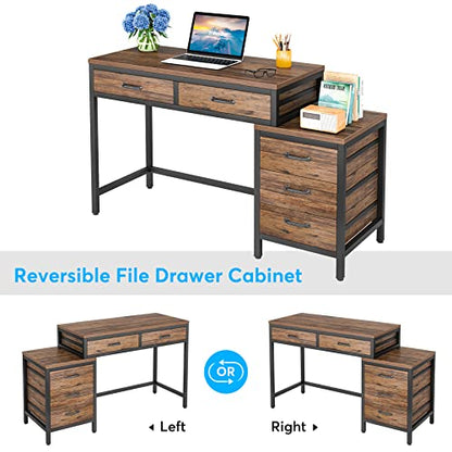 Tribesigns Computer Desk with 5 Drawers, Reversible Home Office Desks | Small Desk with Drawer Cabinet Printer Stand, PC Desk with Storage, Rustic Study Writing Table Workstation for Small Spaces - color: Rustic Brown
