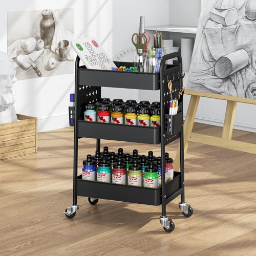 TOOLF Metal Rolling Storage Cart, 3-Tier Utility Mobile Cart with DIY Pegboards, Serving Trolley Cart with Baskets Hooks, for Kitchen, Bathroom, Office, Home, Classroom (Black) - color: Black