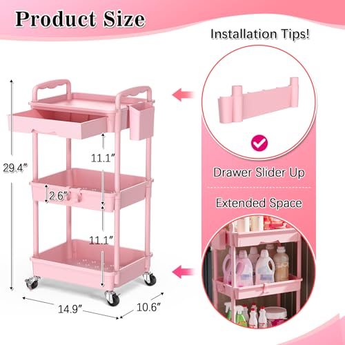 SUNALLY 3 Tier Rolling Cart with Drawer, Craft Storage Cart Organizer, Pink | Bathroom Storage Organizer with 2 Lockable Wheels, Rolling Utility Cart for Kitchen, Office, Baby, Makeup, Nail,Snack,Laundry - color: Pink, size: 3 Tier