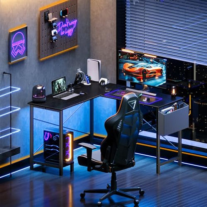 DUMOS L Shaped Desk, Gaming Desk, Corner Table, 50 Inch | Side Storage Bag, CPU Stand, Student Work PC Workstation, Home Office Bedroom for Small Spaces, Black