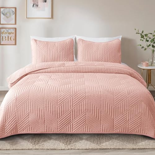 Exclusivo Mezcla Ultrasonic Twin Quilt Bedding Set, Blush Pink | Lightweight Bedspreads, Soft Microfiber, Modern Geometric Coverlet, All Season Bed Cover, 1 Quilt and 1 Pillow Sham - color: Blush Pink, size: Twin (68"x88")