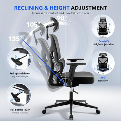 Ergonomic Office Chair Mesh – Adjustable Lumbar 3D Armrests High-Back Desk | Breathable Mesh Backrest; Seat Height & Tilt-Angle Adjustment; Smooth-Rolling Casters; Easy To Assembly, For Home, Office - color: Black-p