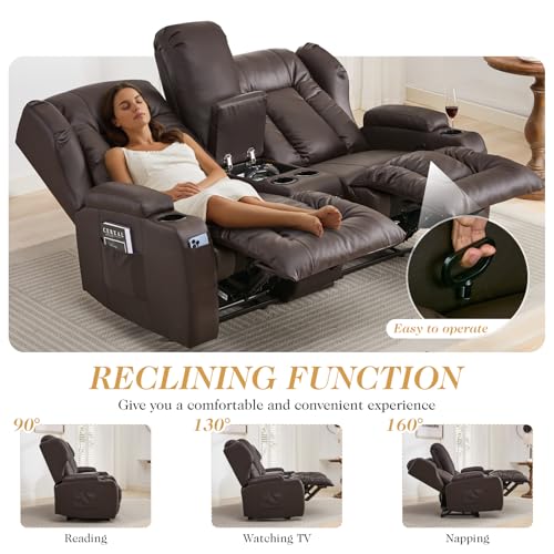 Loveseat Recliner Sofa,RV Wall Hugger Recliners with Console,Reclining Loveseat Sofa Recliner with Cup Holders/Lumbar Pillows for Small Spaces,RV Furniture (Brown,66" 2-Seater) - color: Brown, size: 66" 2-Seater