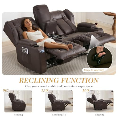 Loveseat Recliner Sofa,RV Wall Hugger Recliners with Console,Reclining Loveseat Sofa Recliner with Cup Holders/Lumbar Pillows for Small Spaces,RV Furniture (Brown,66" 2-Seater) - color: Brown, size: 66" 2-Seater