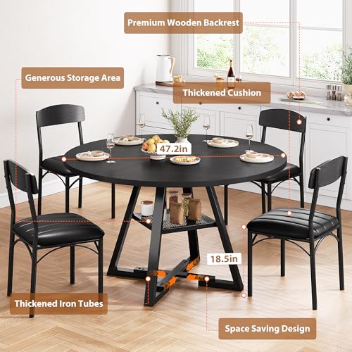 Round Dining Table Set for 4, Kitchen Table and Chairs for 4, Circle Table Round Pedestal Dining Room Dinner Dinette Table Set,5 Piece Space Saving Wood Kitchen & Dining Room Tables (Black, 42In) - color: Black