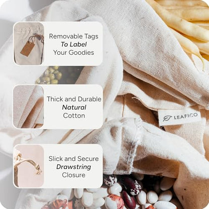 Muslin Cloth Bags with Drawstrings - Set of 8 (S, M, L, XL) - Reusable Natural Cotton Bags for Bulk Food Storage - Canvas Fabric Sachets - size: Set of 8 Mixed (S,M,L,XL)