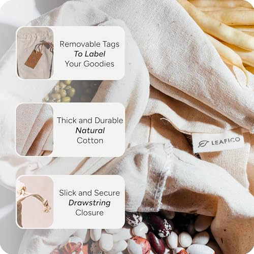 Multipurpose Eco Cloth Bags - Large 10x12 Inch (12 Pack) - Cotton Produce Storage Sacks - Muslin Drawstring Pouches for Vegetables - Bread Bags - Fabric Sachets - size: Large 10x12"