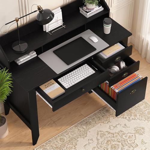 4 EVER WINNER Black Desk with Drawers, Small Desk with File Drawer and Monitor Stand, Computer Desk with Storage, Writing Desk for Bedroom Home Office, Black - color: Black
