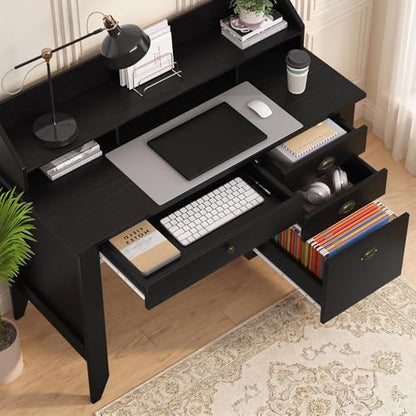 4 EVER WINNER Black Desk with Drawers, Small Desk with File Drawer and Monitor Stand, Computer Desk with Storage, Writing Desk for Bedroom Home Office, Black - color: Black