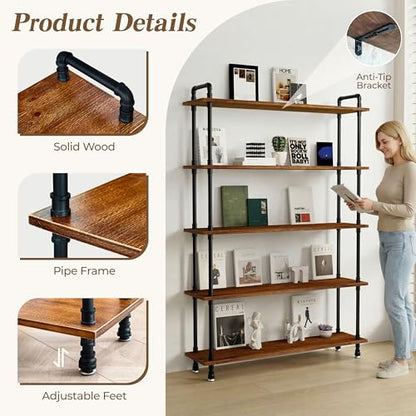 Industrial Bookshelf, Pipe Shelf Bookcase, 5 Tier, 48" Rustic Brown | Solid pine shelves, 48 inch wide, black pipe frame, 50 lbs per shelf, open bookcase for books, plants, office - color: Rustic Brown, size: 48"L × 70"H