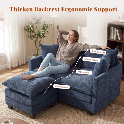 50'' L-Shape Loveseat Sofa with 22" Ottoman, 2 Seat Modern Cloud Couch with 2 Washable Pillows for Small Space Apartment Office Living Room Bedroom, Blue - color: Blue, size: 50"L
