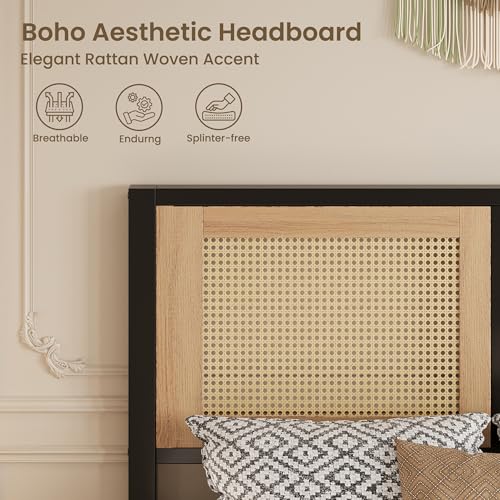 LIKIMIO Twin Rattan Bed Frame with Headboard, Boho Metal Platform Bed | Rattan headboard, 650 lb support, metal slats, EVA pads, 9.8-inch underbed clearance, no box spring needed. - size: Twin