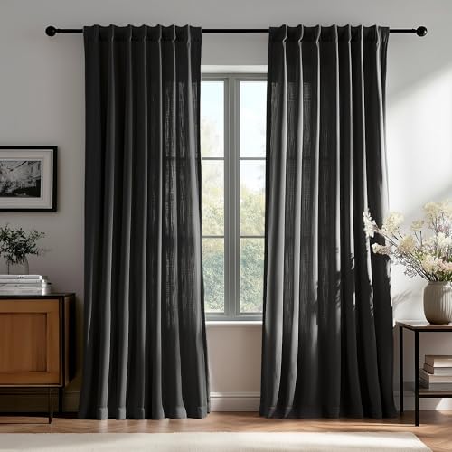 Deconovo Linen-Blend Semi-Sheer Curtains 2 Panels, Hidden Tab and Rod Pocket Light Filtering Privacy Drapes with Tie-Backs for Living Room Bedroom Dining Room, 50W x 84L, Black - color: Linen Sheer - Black, size: 50"W x 84"L (Pack of 2)
