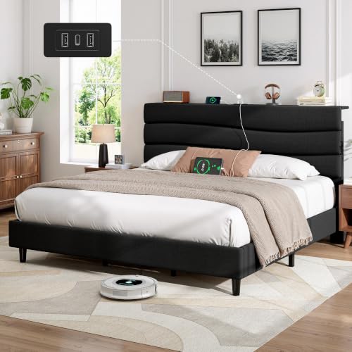 EnHomee King Size Bed Frame with Upholstered Headboard & Charging Station | Adjustable height, Wave design, 2 USB & 1 Type-C ports, Under-bed storage, Noise-free, No box spring needed, Black - color: Black, size: King