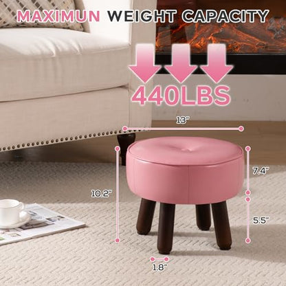 Small Foot Stool Round Pouf Ottoman, Leather Foot Rest with Rubber Legs | 13'' Leather Footrest with Non-Skid, Foolstool Ottomans for Couch, Sofa Step Stool for Living Room Bedroom Entryway, Pink - color: Pink