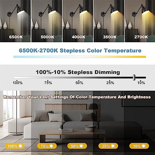 GOODATE 1 Pack Plug in Wall Sconce with Remote Control, Stepless Dimming & Stepless Colors 2700K-6500K, Plug in Wall Light, Swing Arm Wall Lamp with Night Light & Timer, LED Bulb Included - size: Black-1 PACK(Bulb+Remote)