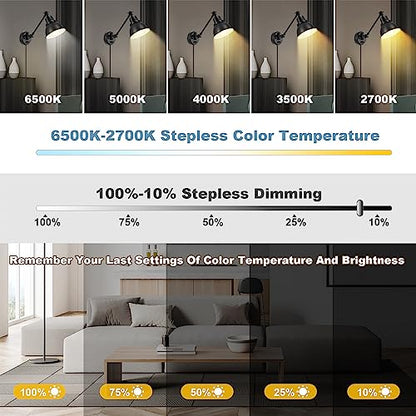 GOODATE 1 Pack Plug in Wall Sconce with Remote Control, Stepless Dimming & Stepless Colors 2700K-6500K, Plug in Wall Light, Swing Arm Wall Lamp with Night Light & Timer, LED Bulb Included - size: Black-1 PACK(Bulb+Remote)