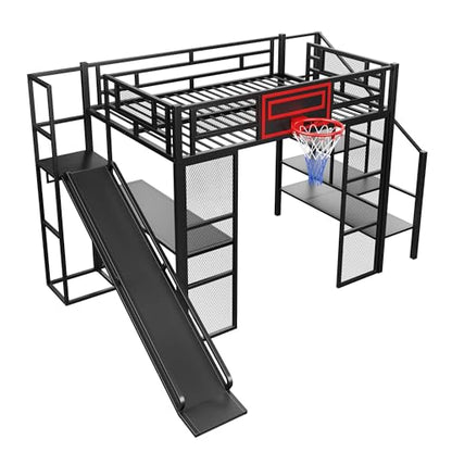 LUMISOL Full Size Loft Bed with Desk and Stairs, Heavy Duty Metal Loft Bed Frame with Storage Shelves and Basketball Hoop, Noise Free, No Box Spring Needed, Black - color: Black, size: Full with Slide