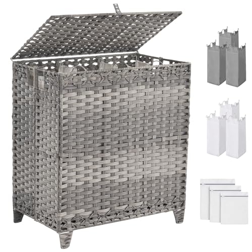 Laundry Hamper with Lid, 190L Large Laundry Basket 3 Section with 6 Removable Liner Bags & 3 Mesh Laundry Bags, Handwoven Rattan Clothes Hamper with Heightened Feet, No Install Needed, Grey - color: Grey