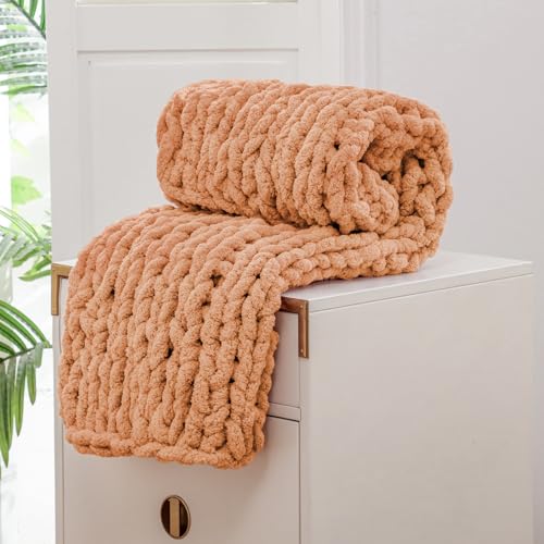 WESHIONGOO Chunky Knit Blanket Throw for Couch Bed 40"*40" Peach Fuzz | 100% Handmade Knitted Throw Blanket Fluffy Soft Blanket with Jumbo Chenille Yarn Thick - color: Peach Fuzz, size: 40"x40"(Small Size Throw)
