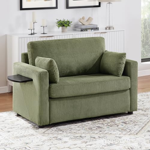 Twin Sofa Bed 47.2" Sleeper Loveseat with USB Ports, Green | Space-saving guest room furniture, compact footprint, built-in charging, handy side pocket, easy pull-out design - color: Green