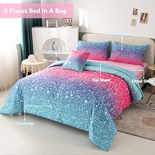 6Pcs Pink Full Size Comforter Sets for Girls Colorful Rainbow Glitter Kids Bedding Set Sparkly Pastel Ombre Teen Girl Bed in A Bag Comforter Set with Sheets (Pink Blue, Full) - color: Light and Dark Blue Pink, size: Full