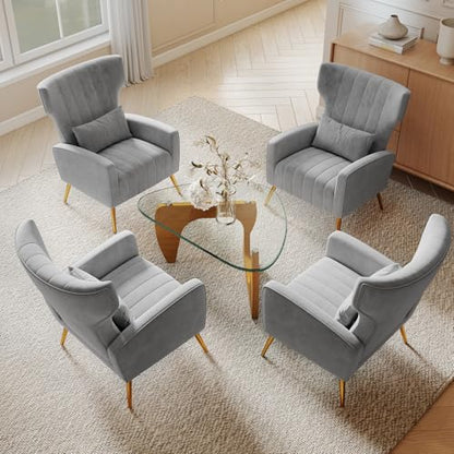 Nebuaegis Gray Velvet Accent Chair Set of 4, Wingback Chair for Living Room, High Back Arm Chair with Golden Legs Lumbar Pillow, Upholstered Single Sofa Bedroom - color: Grey, size: Set of 4