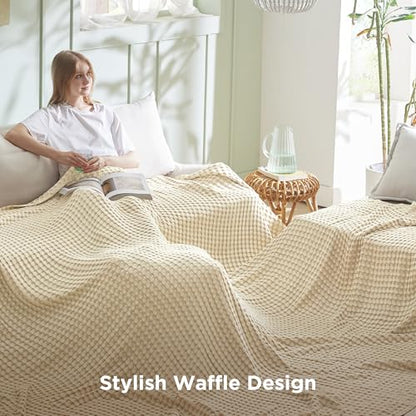 Bedsure Cooling Cotton Waffle Oversized King Blanket - Lightweight Breathable Blanket of Rayon Derived from Bamboo for Hot Sleepers, Natural, 120x96 Inches - color: 01 - Natural, size: Oversized King (120" X 96")