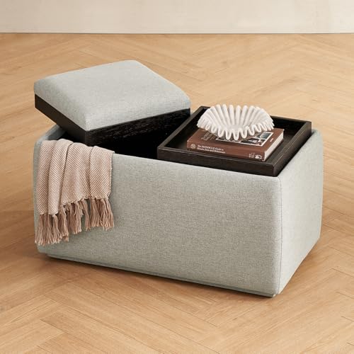 mopio Levi Storage Bench with Reversible Tray, Modern Storage Coffee Table, Bedroom Bench, Rectangular Cube Upholstered Coffee Table Ottoman for Living Room, Bedroom, Entryway (Fabric, Light Gray) - color: Light Gray Fabric, Rect.