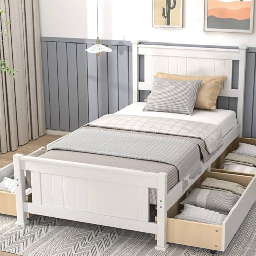 Bonnlo Twin Size Solid Wood Platform Bed Frame with 4 Storage Drawers, Single Bed with Headboard, No Box Spring Needed Panel Bed, Wood Slat Support Mattress Foundation, White - color: White, size: Twin 4 drawers