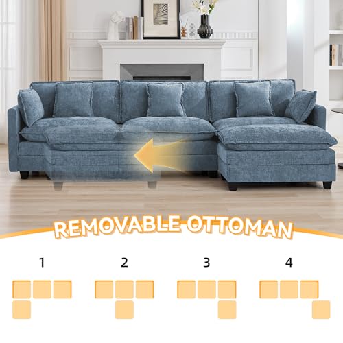 111'' Sectional Cloud Deep Seat Couch, Modern Comfy Chenille L Shaped Sectional Sofa for Living Room Set, Upholstered Modular 4-Seats Sofa Couch with 1 Movable Ottoman, Blue - color: Blue, size: 111'' L Shape