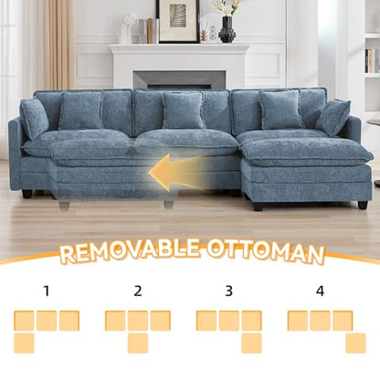 111'' Sectional Cloud Deep Seat Couch, Modern Comfy Chenille L Shaped Sectional Sofa for Living Room Set, Upholstered Modular 4-Seats Sofa Couch with 1 Movable Ottoman, Blue - color: Blue, size: 111'' L Shape