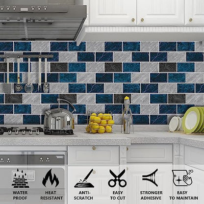 URCOLOR 10-Sheet Backsplash Tile for Kitchen Peel and Stick,12"x12" Self Adhesive Wall Tiles Stick on Back Splashes for Bathroom Blue Marble Look - color: Blue