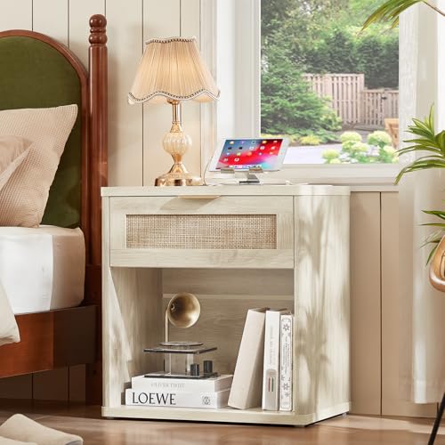 LEYAOYAO Rattan 23" Nightstands with Charger for Bedroom | Gold Metal Handle, Storage Shelf, Grey Night Stand with Drawer, Boho Bedside Table, Bed Side End Tables Living Room, Hallway - color: Grey White, size: 1 Drawer