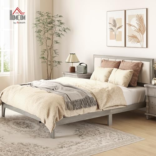 HOMCOM Queen Size Bed Frame, Upholstered Headboard, Wooden Slats, Gray | Platform Bed Frame, No Box Spring Needed, Easy Assembly - size: Queen