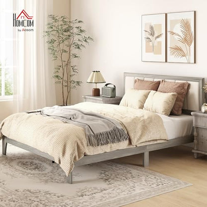 HOMCOM Queen Size Bed Frame, Upholstered Headboard, Wooden Slats, Gray | Platform Bed Frame, No Box Spring Needed, Easy Assembly - size: Queen
