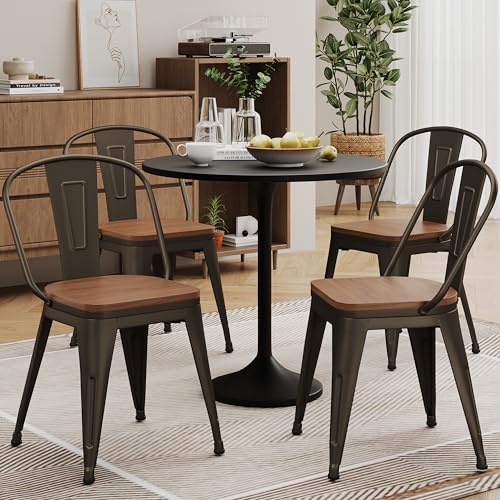 Alunaune 18inch Metal Dining Chair Set of 4 High Back Classic Chic Iron Farmhouse Chairs Industrial Stackable Coffee Stools Bistro Cafe Side Barstools Wood Seat-Rusty - color: Rusty