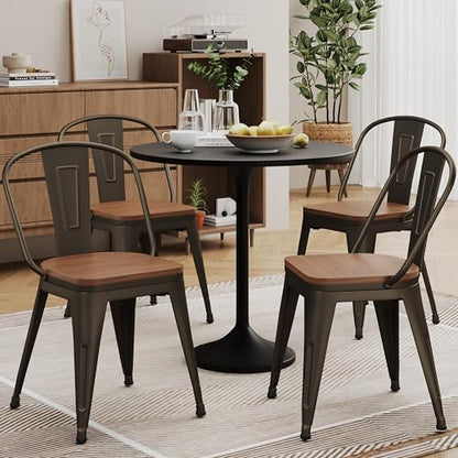 Alunaune 18inch Metal Dining Chair Set of 4 High Back Classic Chic Iron Farmhouse Chairs Industrial Stackable Coffee Stools Bistro Cafe Side Barstools Wood Seat-Rusty - color: Rusty