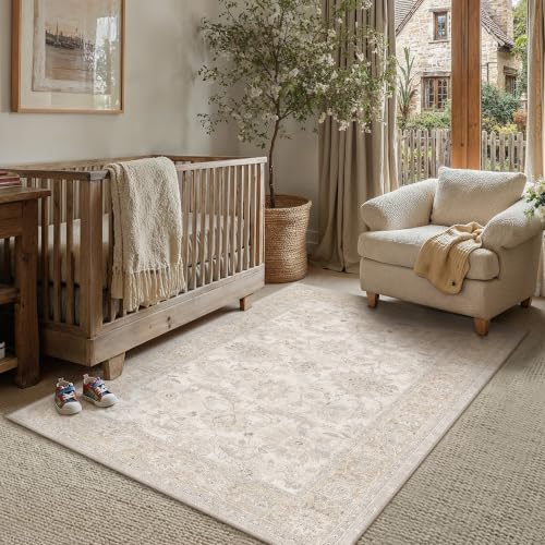 3x5 Beige Neutral Small Area Rug | Washable, Non Slip, Low Pile, Soft, Vintage, Distressed, Floral, Farmhouse, for Entryway Kitchen Bathroom Laundry Room - color: Beige, size: 3' x 5' (Rectangular)
