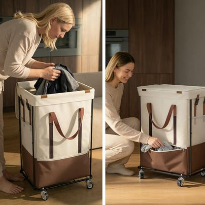 Double Laundry Hamper with Lid, Rolling Laundry Basket with Wheels and 2 Removable 75L Bags, 2 Section Large Capacity for Laundry Bedroom Bathroom Dorm, Easy Move & Organize,150L White - color: White