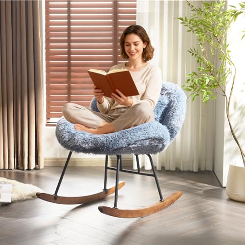 VINGLI 25.6" Extra Wide Criss Cross Nursery Rocking Chair,Cute Curved 115° Reclining Armless Glider,Plush Small Rocker w/Pillow & Solid Wood for Indoor,Bedroom, Living Room,Fluffy Fleece,Navy Blue - color: Fluffy-navy Blue