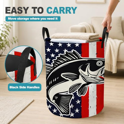 Patriotic Bass Fish Collapsible Laundry Hamper,American Flag Waterproof Oxford Cloth Clothes Basket with Handles for Bathroom Bedroom Nursery Dorm Room,16" x 20" - color: Patriotic Bass Fish,American Flag