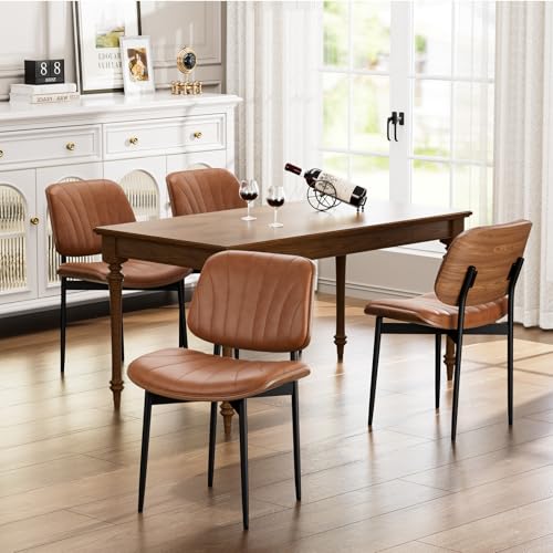 YaFiti Mid Century Dining Chairs Set of 2 with Walnut Bentwood, Light Tan | Ergonomic Walnut Backrest, Upholstered Waterproof PU Leather Seat, Stable Metal Legs, Adjustable Footpads, Apartment Friendly - color: Light Tan Scallop