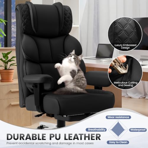 Office Desk Chair, Big and Tall Leather Gaming Chair with Footrest, Wide Ergonomic Comfy Executive High-Back Reclining Computer Chairs, Swivel Rolling Wheels and Padded Lumbar Support, Black Updated - color: Black 2.0, style: 3 Position Reclining