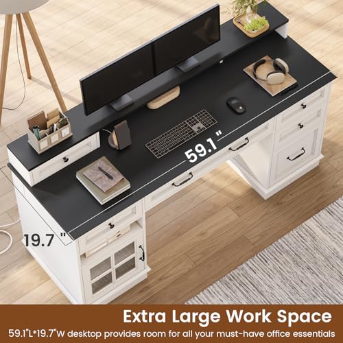 HAUOMS Farmhouse Executive Desk Computer Desk with Drawers, White | Executive Office Desk with File Drawers, Power Outlet, Led Lights, Storage Cabinet and Monitor Shelf for Home Office - color: White
