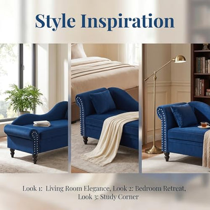 ERYE Velvet Upholstered Right Facing Chaise Lounge Chair, Blue Chaise Lounge Storage W/Nailhead Trim, Wood Legs, Classic Recliner Lounger Accent Sofa for Living Room Bedroom - color: Navy Blue/R