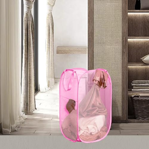Pop Up Laundry Hamper Thick Mesh Collapsible Laundry Baskets, Large Side Pocket, Strong Handles, Travel Friendly for Cruise, RV (Green+Pink) - color: Green+Pink