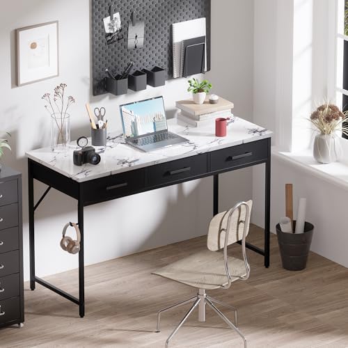 Pamray 47 Inch Small Computer Desk with 3 Drawers for Bedroom Study Writing Home Office Table for Small Spaces Marble - color: Marble, size: 47 Inch