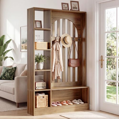 Tribesigns Room Divider with Storage Shelves and Bench | 70.9" Freestanding Wall Divider Partition with Coat Rack for Room Separation, Entryway, Living Room, Bedroom, Rustic Brown