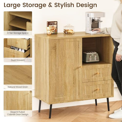 Wood Sideboard Cabinet - Side Board Buffet Cabinet with Storage, Accent Slim Credenza with Drawers and Door, Small Modern Coffee Bar Table for Kitchen, Dining Room, Entryway, Living Room - color: Natural